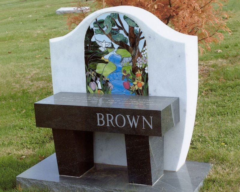 Brown Unique Personalized Marble Bench Memorial with Glass Inlay